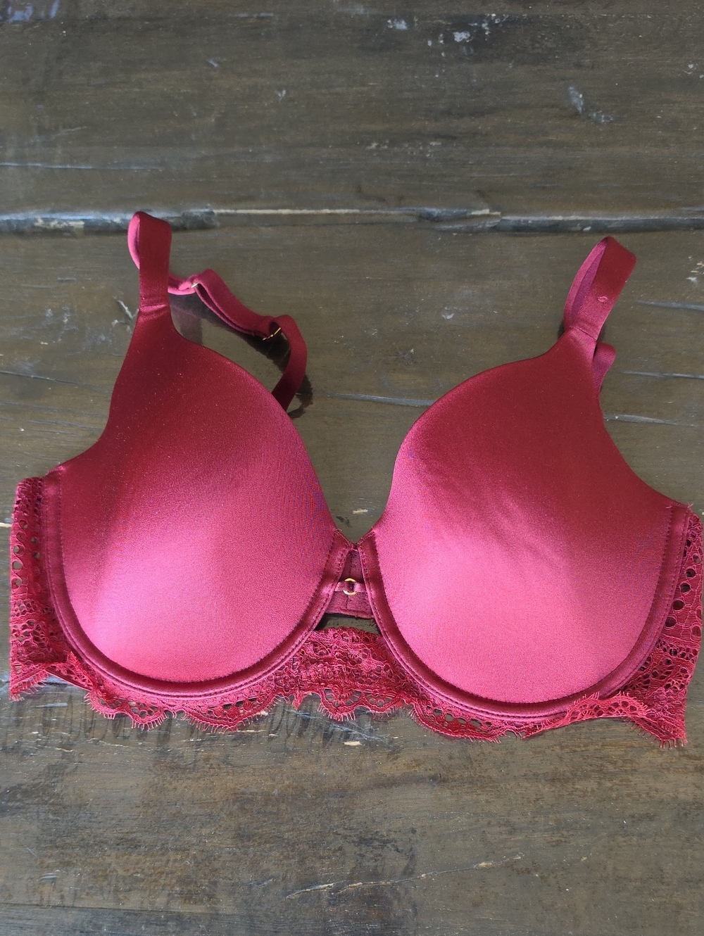(36C) La SENZA Deep Berry Lace-Trim T-Shirt Bra Satin Comfy Underwire Pretty